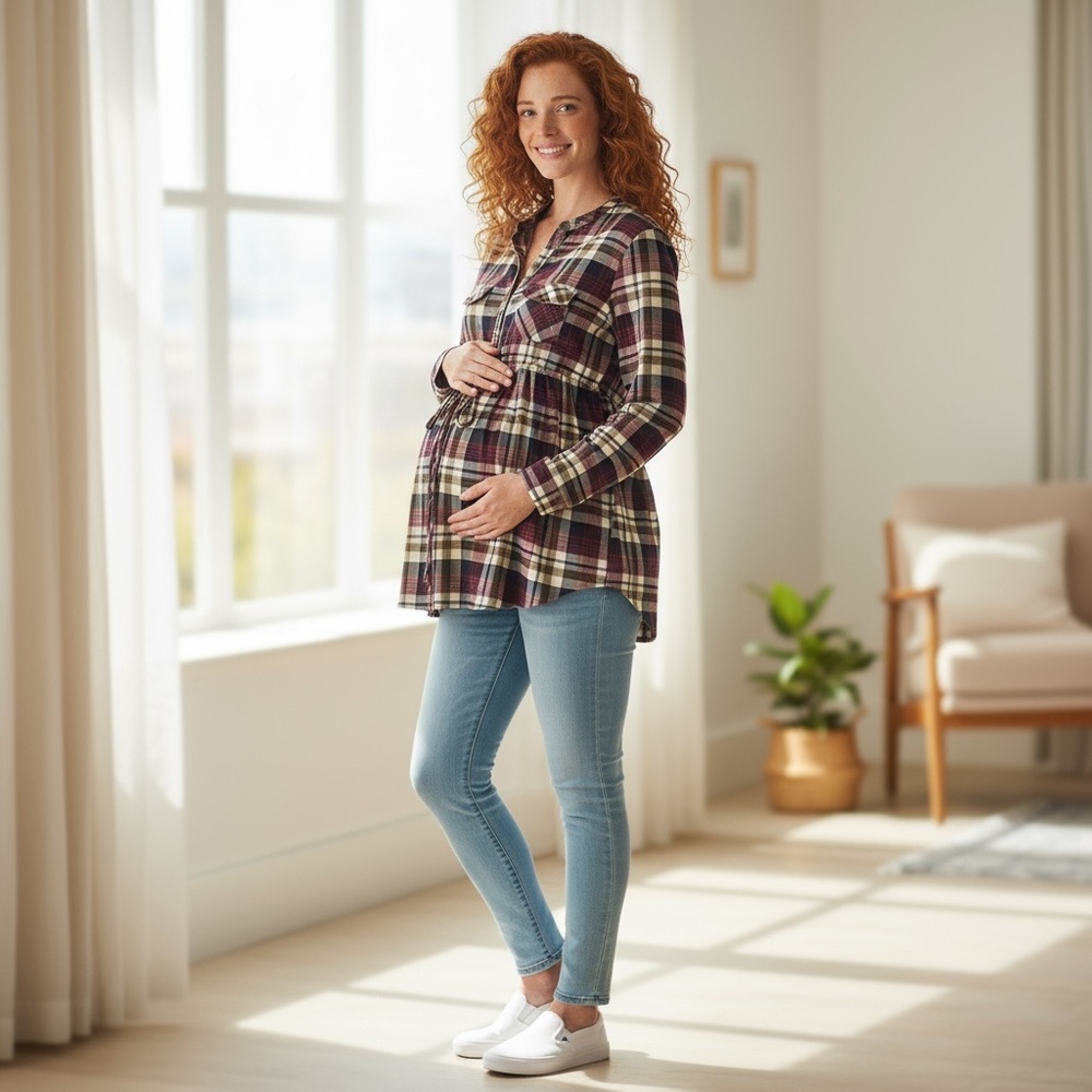 XL Eden & Olivia Plaid Maternity Shirt - Pink and Gray Euc